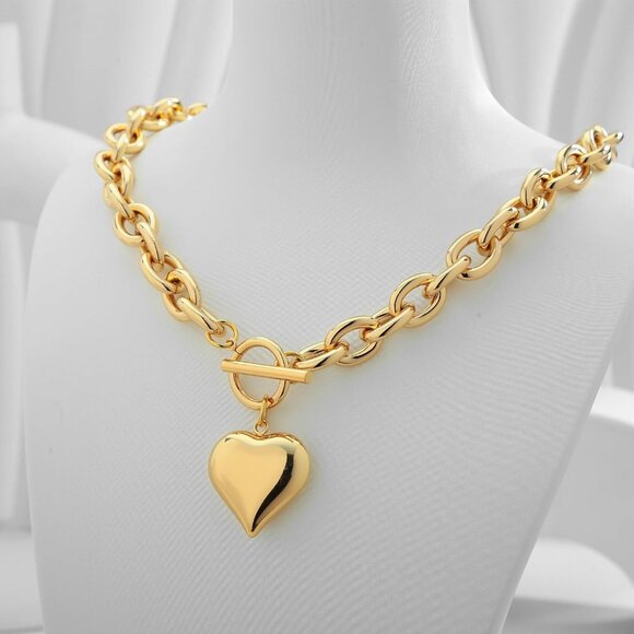 Gold chunky chain necklace with puffy heart pendant, 19-inch polished gold brass - Picture 3 of 8